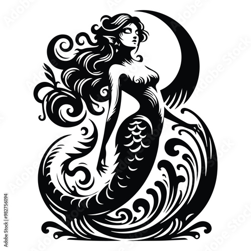 Sirens creature with victorian flourish decoration in black and white illustrations, cutout graphic
