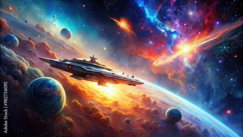 Interstellar journey Starship drifting amid vibrant nebulae and distant stars in deep space, interstellar, journey photo