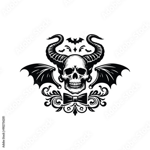 skull with horn and bat wing with victorian flourish decoration in black and white illustrations, cutout graphic black and white illustration