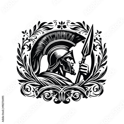 sparta male with victorian flourish, in black and white illustrations, cutout graphic