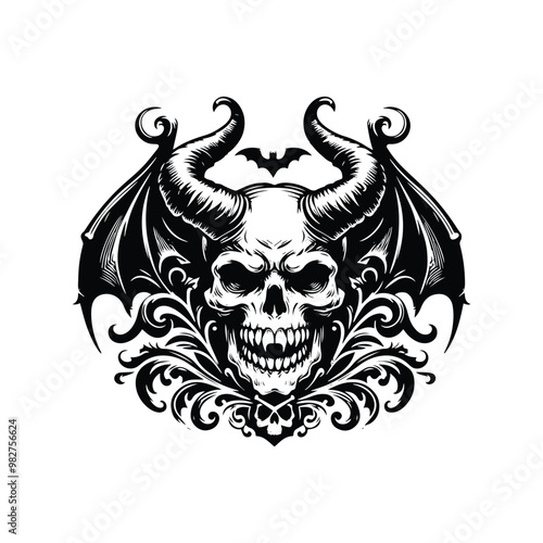 skull with horn and bat wing with victorian flourish in black and white illustrations, cutout graphic black and white illustration