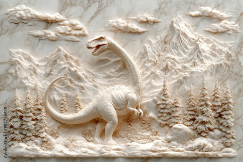 Carved dinosaur in a mountain landscape.