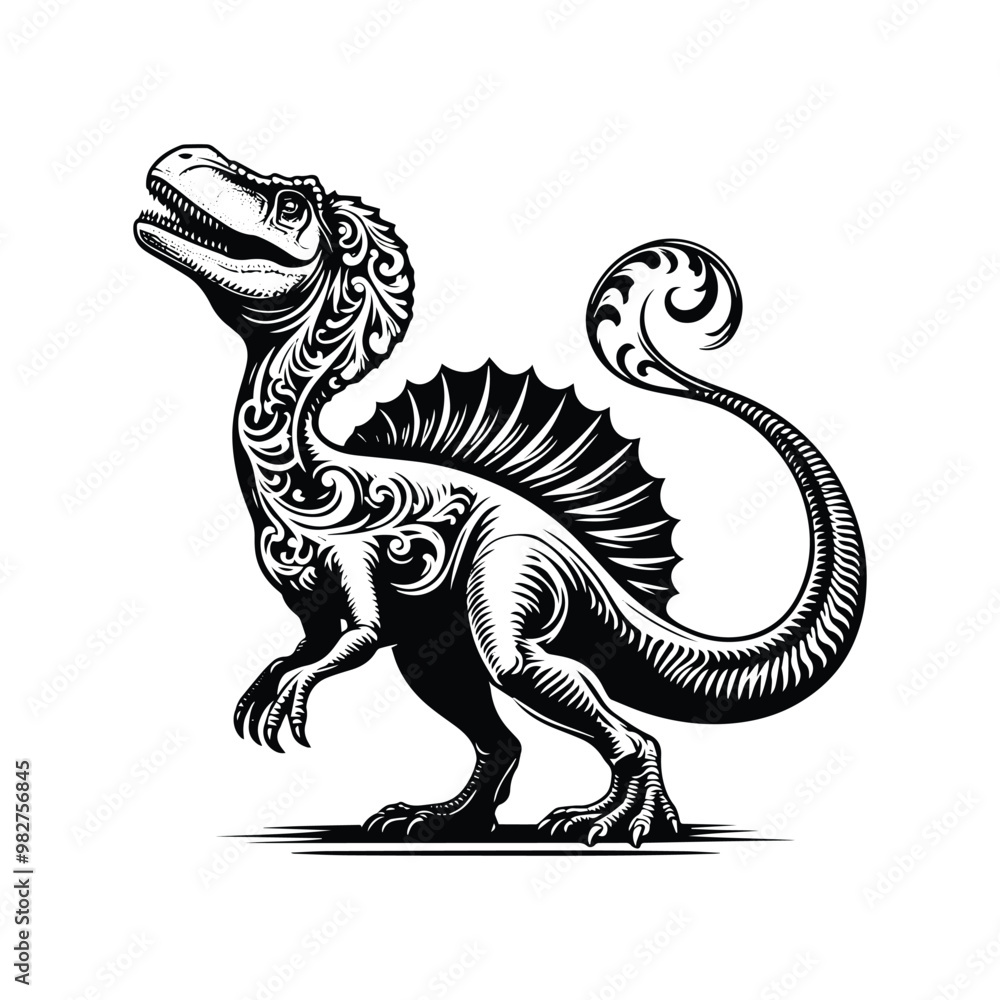 Spinosaurus with victorian flourish decoration in black and white illustrations, cutout graphic Spinosaurus with victorian flourish decoration in black and white illustrations, cutout graphic