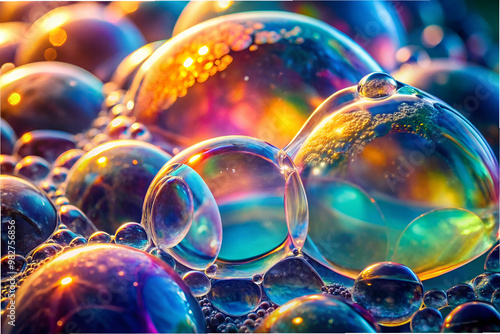 A collection of colorful bubbles floating in the air. The bubbles are of various sizes and colors, creating a vibrant and playful atmosphere. Concept of joy and wonder, as if the bubbles are dancing