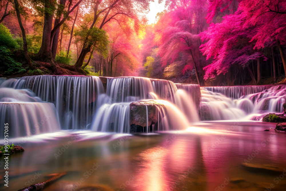 Obraz premium A beautiful waterfall with pink and orange trees in the background. The water is calm and peaceful, creating a serene atmosphere