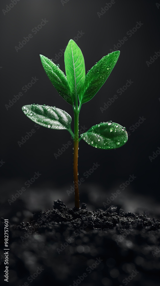 Illustration AI young green seedling with water droplets in soil. Green life, healthy. Illustration AI young green seedling with water droplets in soil. Green life, healthy.