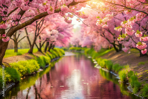 A beautiful pink river with trees in the background. The water is calm and peaceful. The pink color of the flowers and the water creates a serene and calming atmosphere