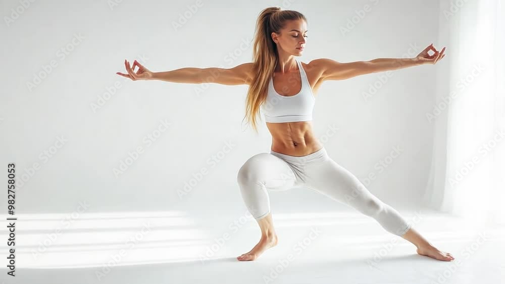 A healthy, physically fit woman wearing athletic wear is shown in yoga poses against a serene white background, highlighting her physical fitness and overall well-being.
