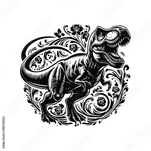 Tyrannosaurus rex with victorian flourish, in black and white illustrations, cutout graphic