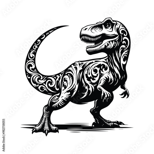 Tyrannosaurus rex with victorian flourish decoration in black and white illustrations, cutout graphic