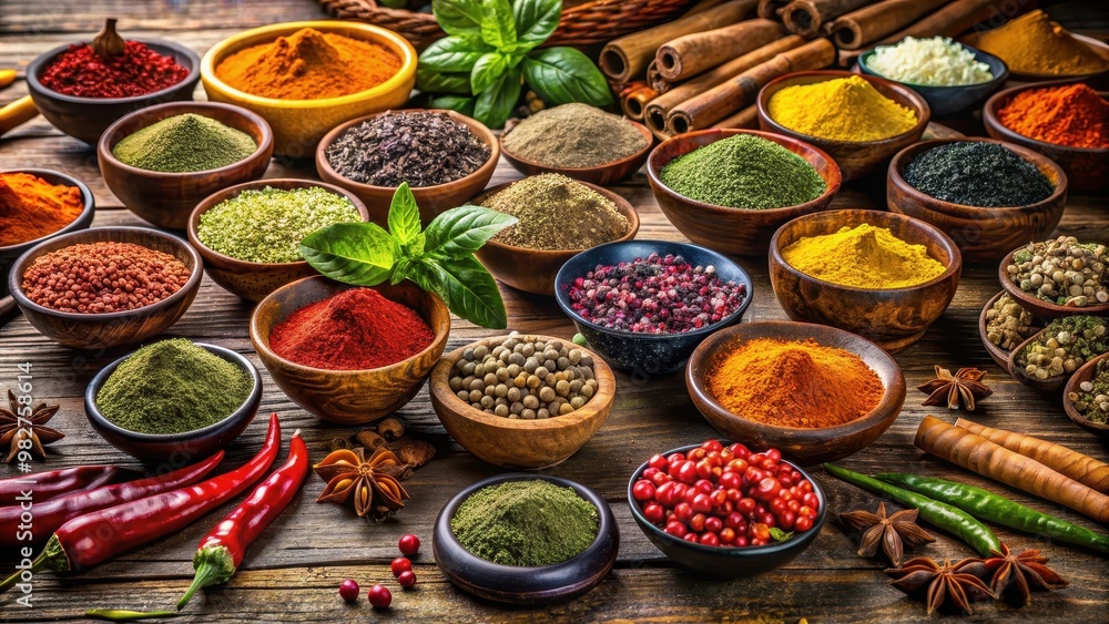 Various vibrant and aromatic spices and herbs in small bowls on a wooden table , spices, herbs, cooking, seasoning, flavor Various vibrant and aromatic spices and herbs in small bowls on a wooden table , spices, herbs, cooking, seasoning, flavor
