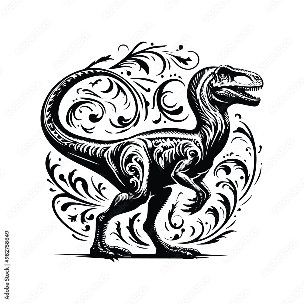 Velociraptor with victorian flourish decoration in black and white illustrations, cutout graphic Velociraptor with victorian flourish decoration in black and white illustrations, cutout graphic