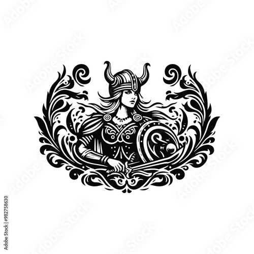 Wallpaper Mural viking female inside victorian flourish, in black and white illustrations, cutout graphic Torontodigital.ca
