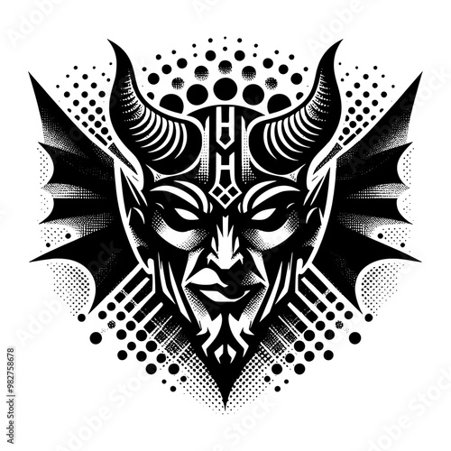 devil head with horn and wing black and white