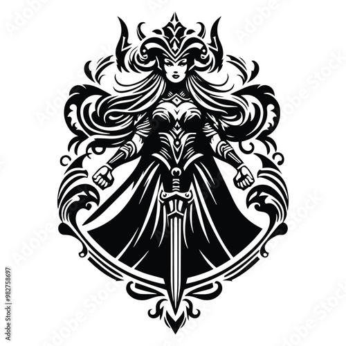 Valkyrie goddess with victorian flourish decoration in black and white illustrations, cutout graphic