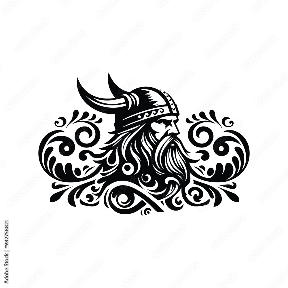 viking male with victorian flourish decoration in black and white illustrations, cutout graphic viking male with victorian flourish decoration in black and white illustrations, cutout graphic