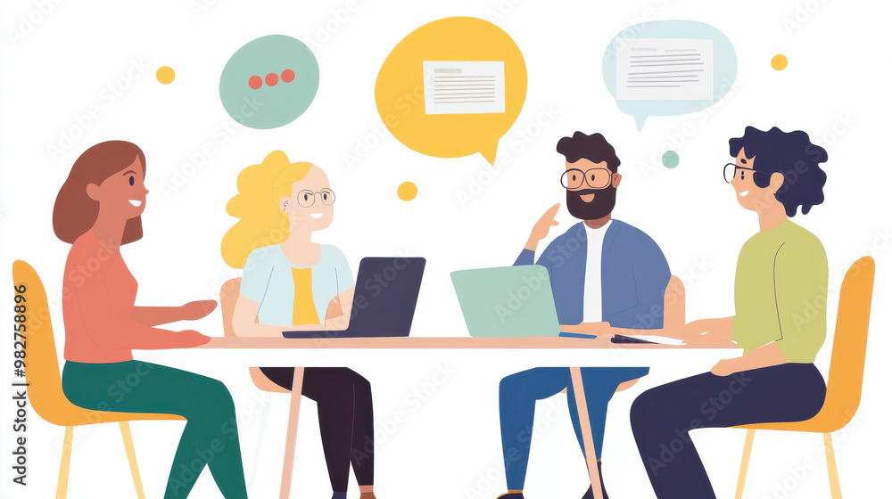 A diverse group of four individuals engaged in discussion around laptops, with speech bubbles illustrating collaboration and communication. A diverse group of four individuals engaged in discussion around laptops, with speech bubbles illustrating collaboration and communication.