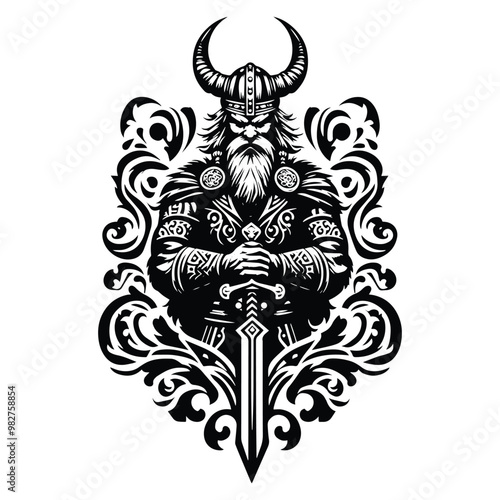 viking male with victorian flourish decoration in black and white illustrations, cutout graphic