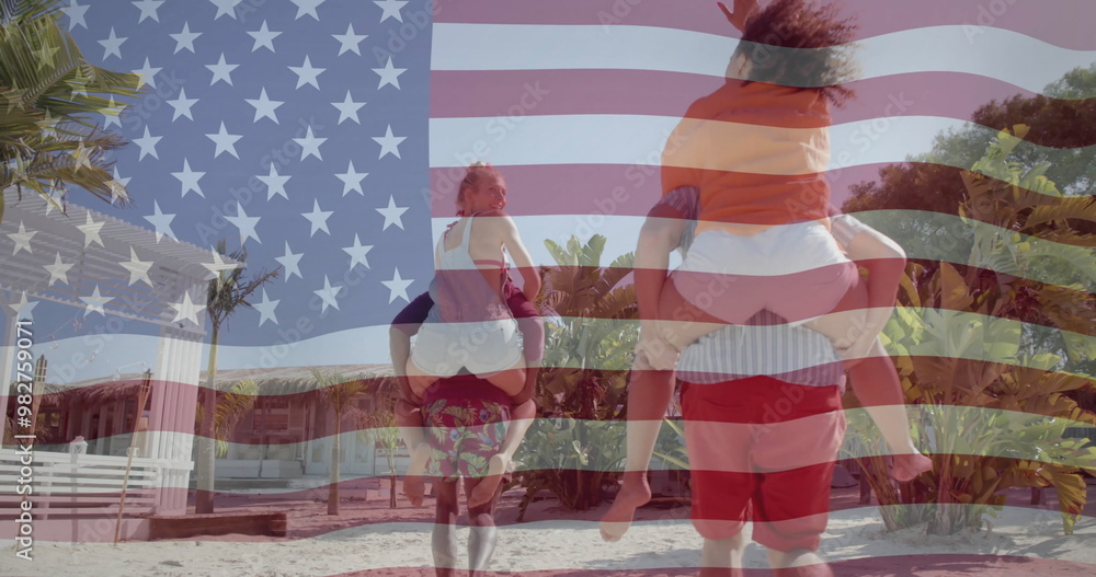 Fototapeta premium Image of american flag over two diverse couples piggybacking on sunny beach