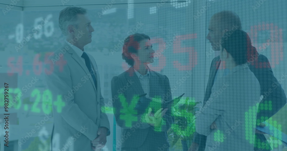 Image of financial data processing over diverse business people in office Image of financial data processing over diverse business people in office
