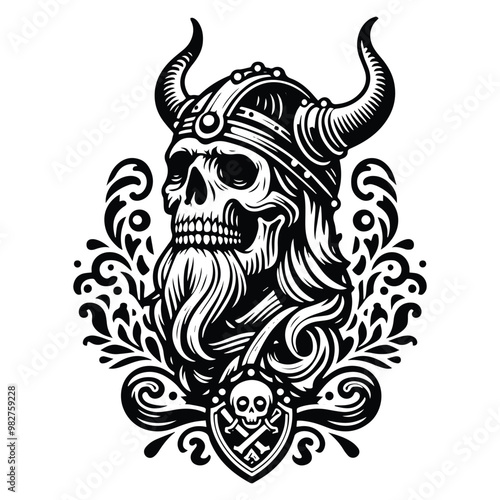 viking skeleton with victorian flourish decoration in black and white illustrations, cutout graphic