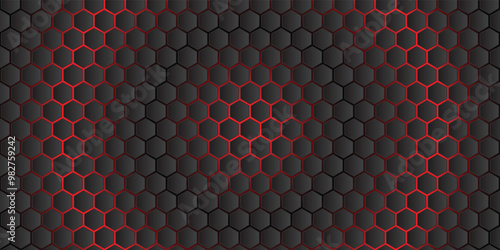 Dark technology hexagonal vector background. Abstract red bright energy flashes under hexagon in dark technology modern futuristic background vector illustration. Gray honeycomb texture grid.