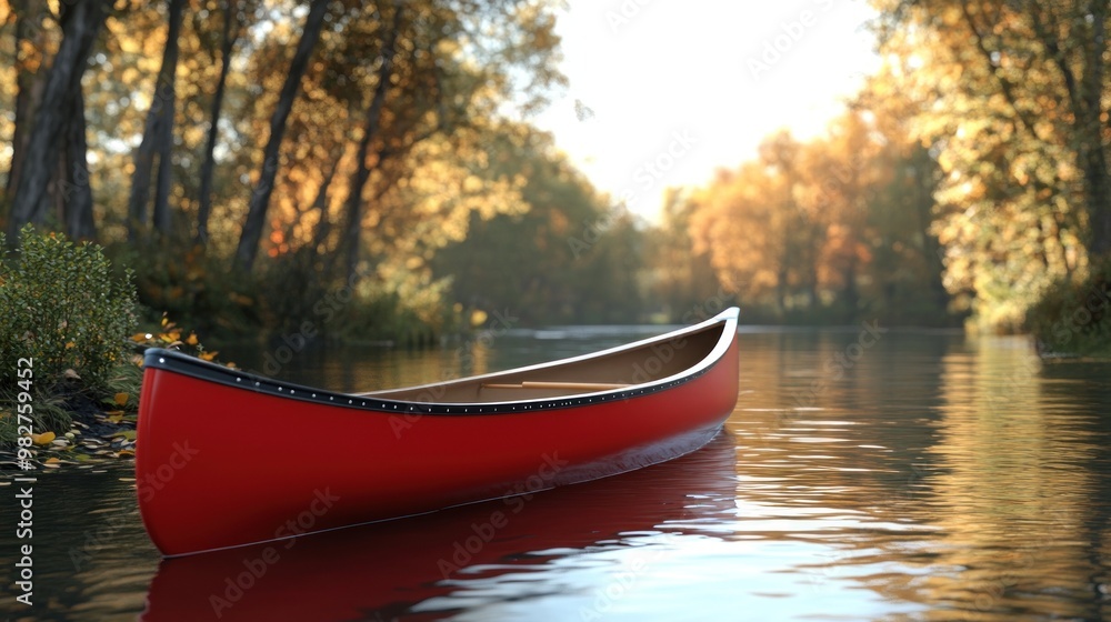 Fototapeta premium A serene red canoe floating on calm water surrounded by autumn foliage.