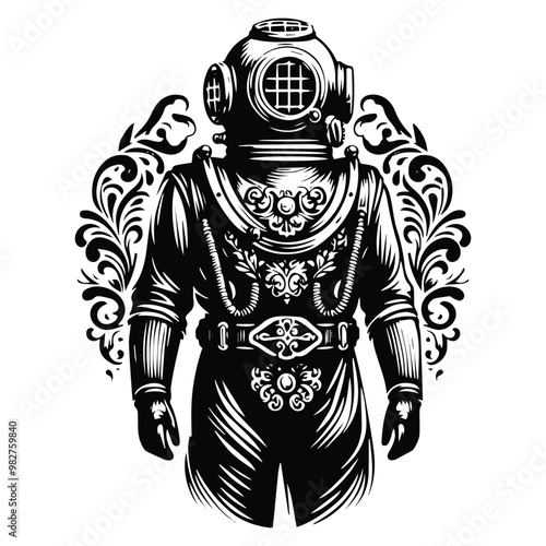 vintage diving suit with victorian flourish decoration in black and white illustrations, cutout graphic