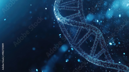 A close-up of a DNA double helix against a blue background, symbolizing genetics and biology.