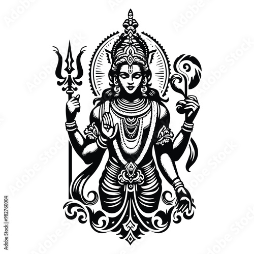 Vishnu hindu god with victorian flourish decoration in black and white illustrations, cutout graphic