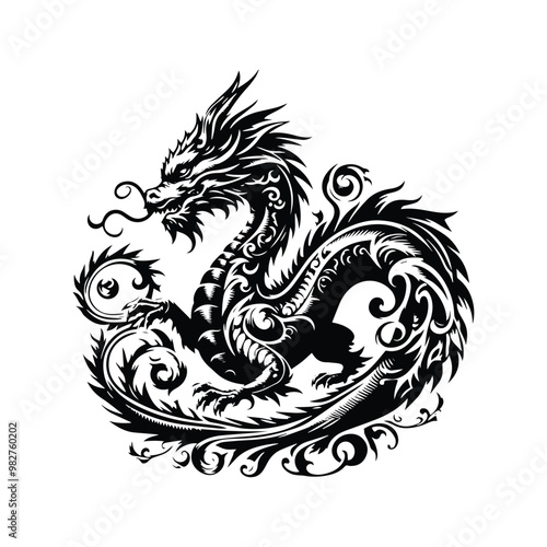 water dragon with victorian flourish decoration in black and white illustrations, cutout graphic