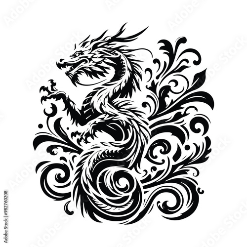 water dragon with victorian flourish decoration in black and white illustrations, cutout graphic
