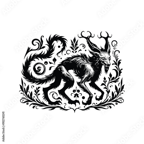 Wendigo creature with victorian flourish decoration in black and white illustrations, cutout graphic