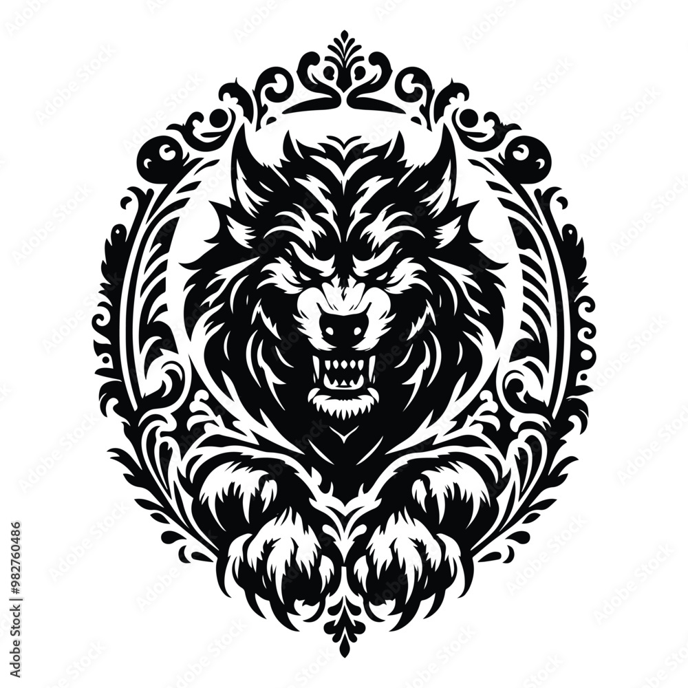 Fototapeta premium werewolves creature with victorian flourish decoration in black and white illustrations, cutout graphic g