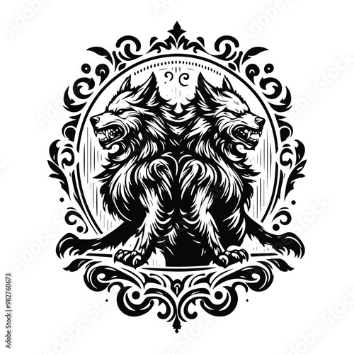 werewolves creature with victorian flourish decoration in black and white illustrations, cutout graphic g
