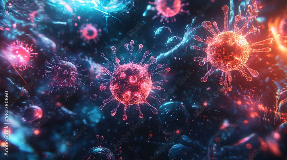 Close-up of virus cells in a microscopic view, 3D medical illustration in vibrant colors Close-up of virus cells in a microscopic view, 3D medical illustration in vibrant colors