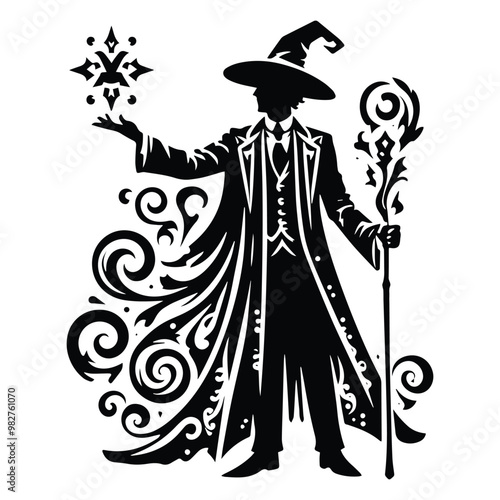 wizard male with victorian flourish decoration in black and white illustrations, cutout graphic