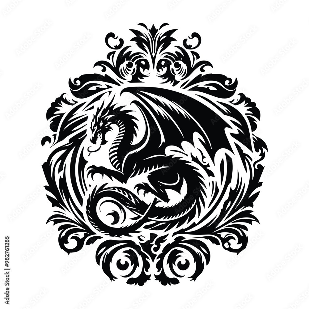 Fototapeta premium wyvern dragon with victorian flourish, in black and white illustrations, cutout graphic