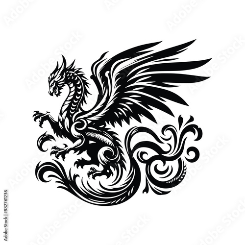 wyvern dragon with victorian flourish decoration in black and white illustrations, cutout graphic
