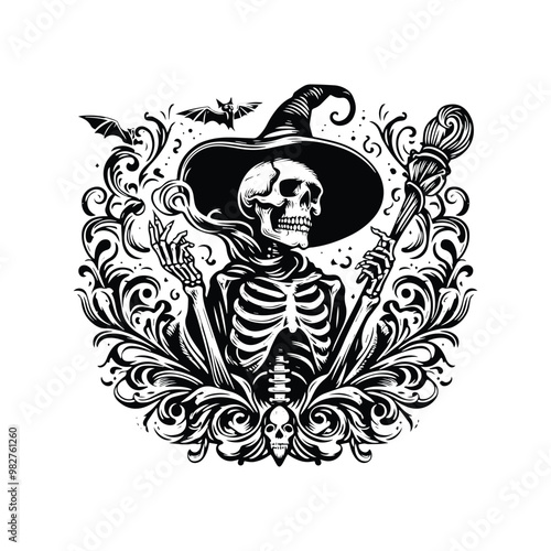 wizard skeleton with victorian flourish decoration in black and white illustrations, cutout graphic