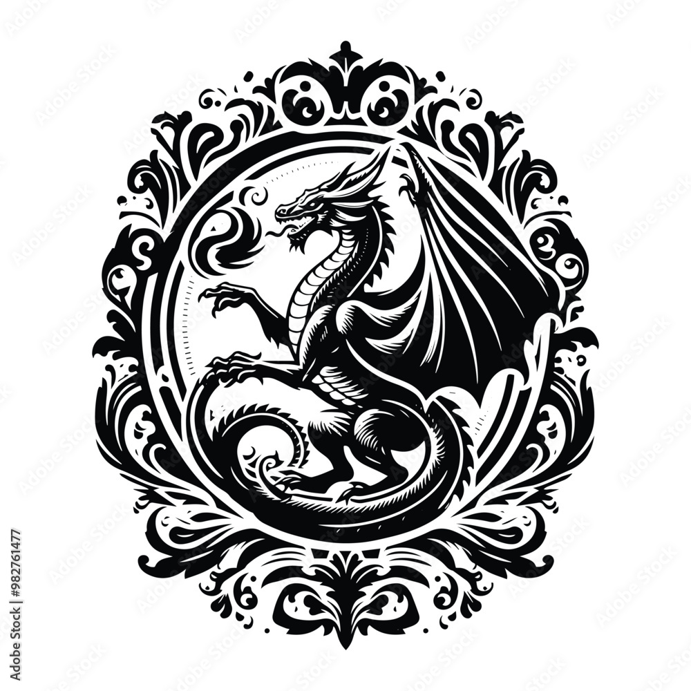 Fototapeta premium wyvern dragon with victorian flourish, in black and white illustrations, cutout graphic
