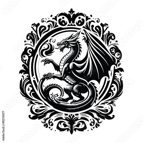 wyvern dragon with victorian flourish, in black and white illustrations, cutout graphic