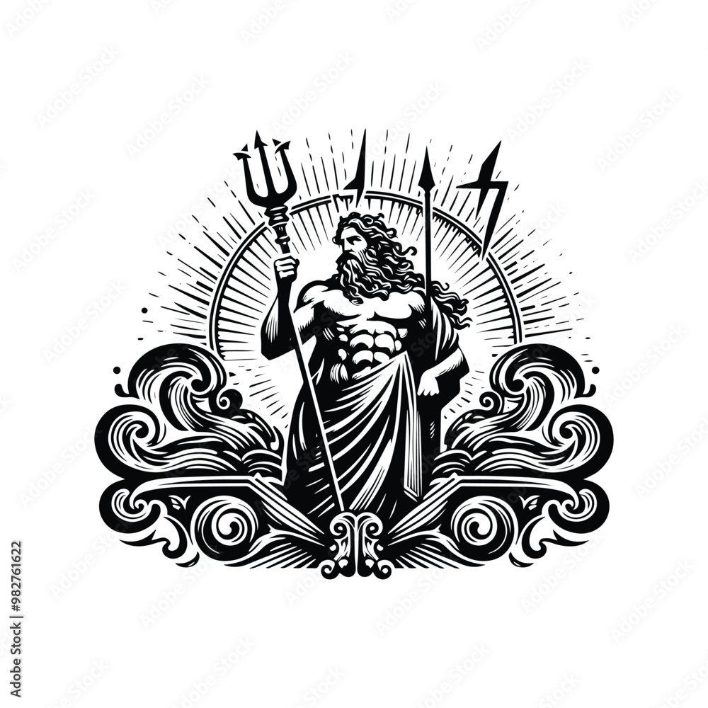 Zeus greek god with lighting rod with victorian flourish decoration in black and white illustrations, cutout graphic black and white illustration Zeus greek god with lighting rod with victorian flourish decoration in black and white illustrations, cutout graphic black and white illustration