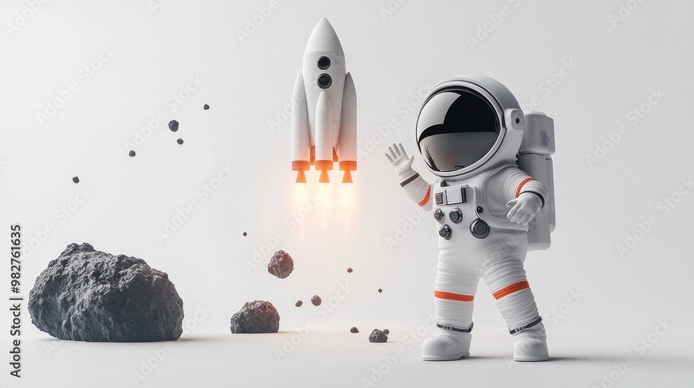 A playful astronaut waves as a rocket launches amidst floating asteroids in space. A playful astronaut waves as a rocket launches amidst floating asteroids in space.