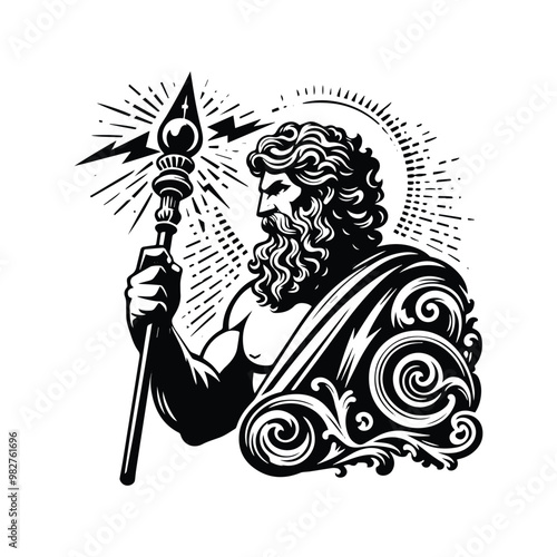 Zeus greek god with lighting rod with victorian flourish decoration in black and white illustrations, cutout graphic black and white illustration