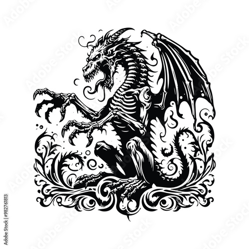 zombie dragon with victorian flourish decoration in black and white illustrations, cutout graphic f