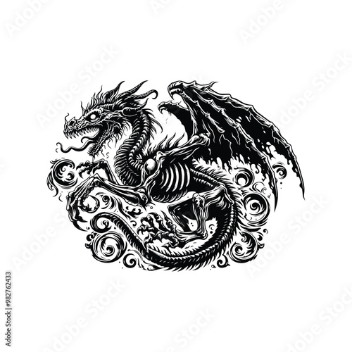 zombie dragon with victorian flourish, in black and white illustrations, cutout graphic