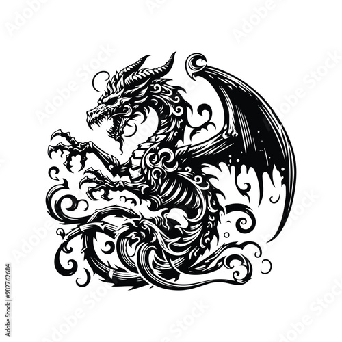 zombie dragon with victorian flourish decoration in black and white illustrations, cutout graphic