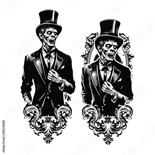 zombie male with victorian flourish decoration in black and white illustrations, cutout graphic