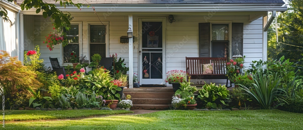 Fototapeta premium Small old house with entrance porch decorated with antique bench. Front yard has lawn and flower beds